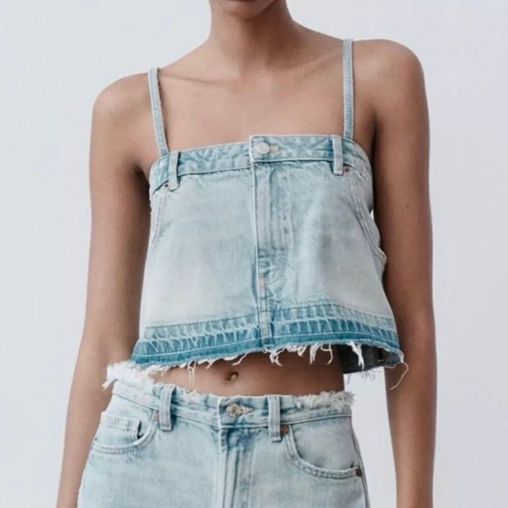 NWT Zara Denim Corset Crop Top Medium Distressed Raw Hem